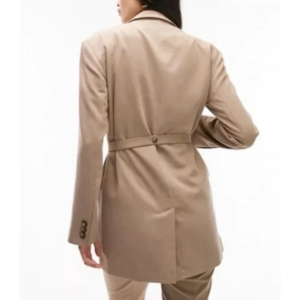 Topshop Belted Blazer Jacket Tan Beige Size 2‎ NWT Tailored Longline Modern Fit